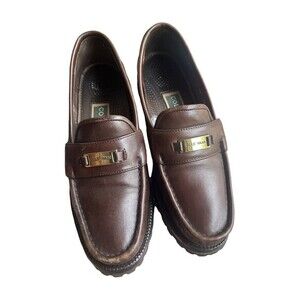 Cole Haan Women Classic Brown Gold Lug Sole Leather Round Penny Loafers-7.5AA